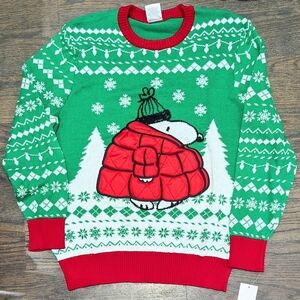 New XL Peanuts Snoopy Puffer Jacket Fair Isle Christmas Holiday Sweater